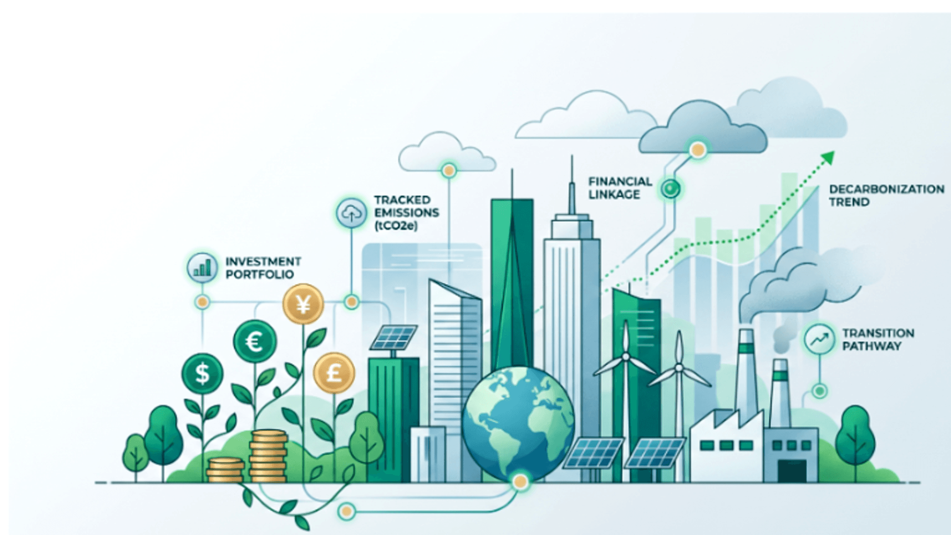 Cityscape illustration showing financial linkage, tracked emissions, and decarbonization trend