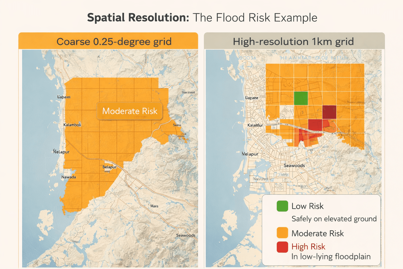 Illustration comparing coarse vs fine spatial resolution in physical risk models