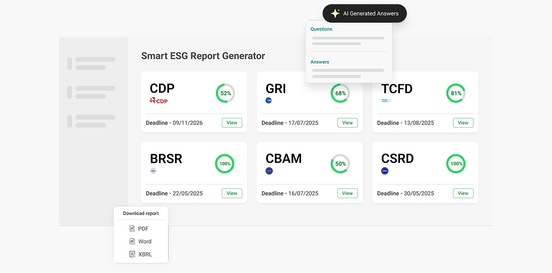Smart ESG Report Generator interface showing different reporting standards like CDP, GRI, and TCFD.